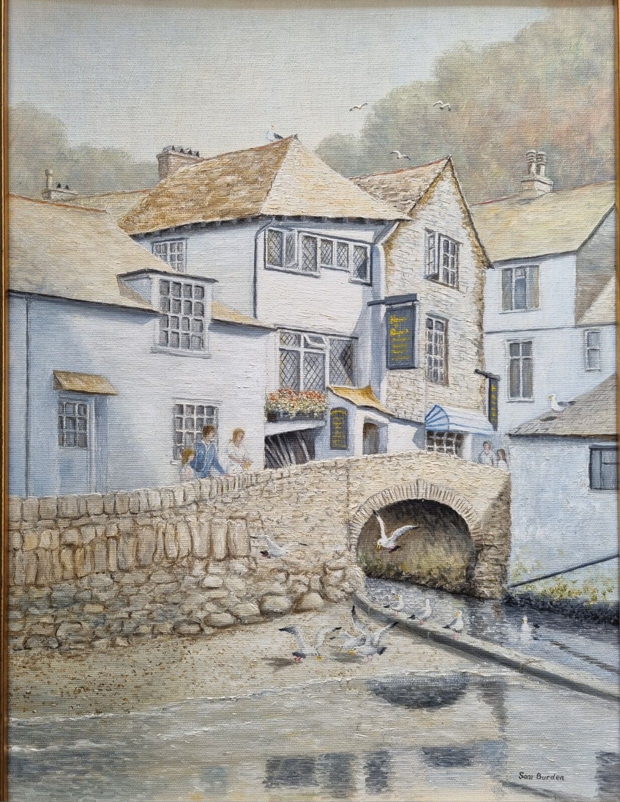 Vintage Oil Painting Sam Burden Roman Bridge Polperro Cornwall Seaside Signed photo furniture