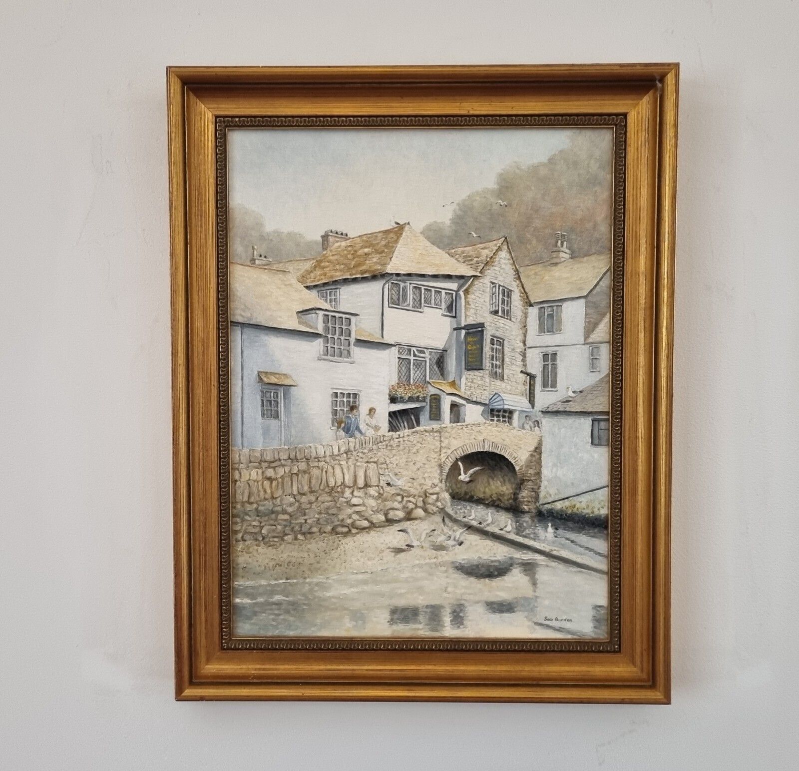 Vintage Oil Painting Sam Burden Roman Bridge Polperro Cornwall Seaside Signed photo for sale