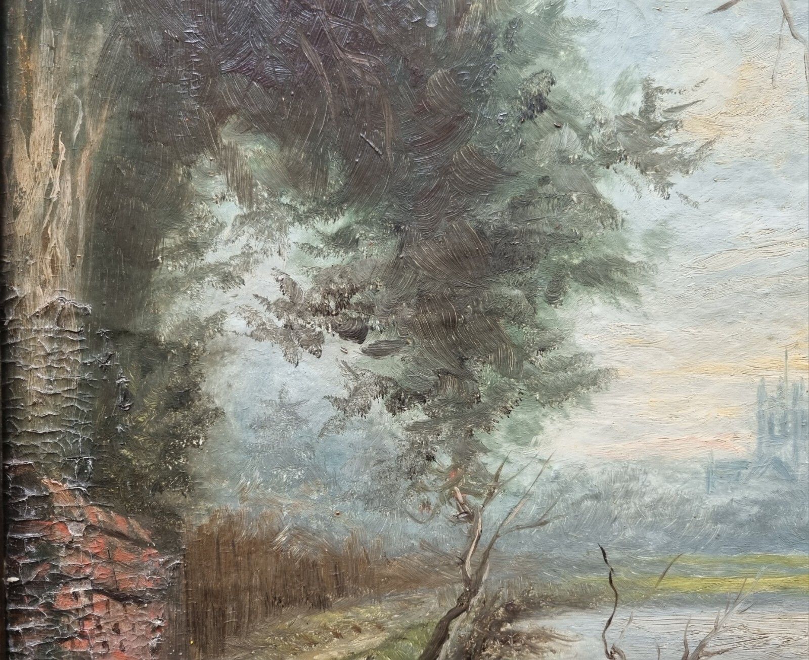photo furniture Antique Landscape Oil Painting On Board Signed Morton River Path Cathedral
