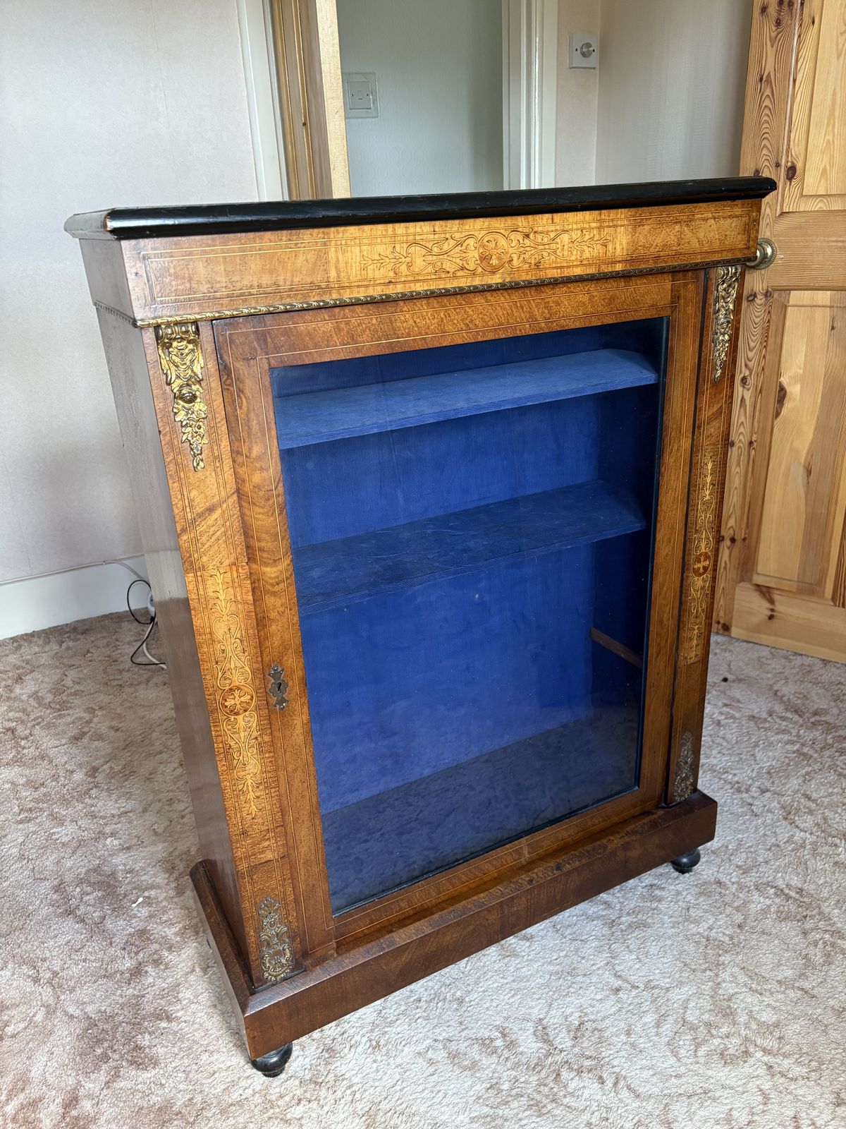 Antique 19th Century Walnut Veneer Pier Display Cabinet/ Marquetry
