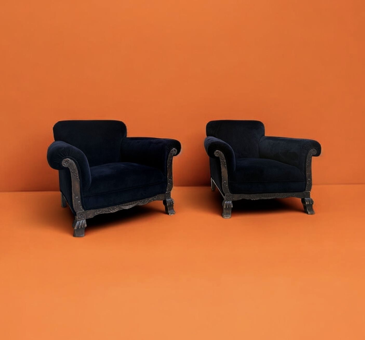 Pair Of Art Deco Velvet Armchairs, Reupholstered In Linwood Omega Black Velvet photo furniture