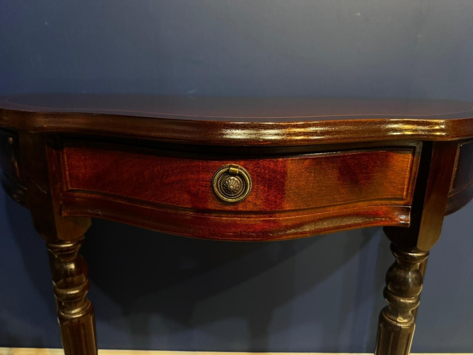 Vintage Burr Mahogany Veneered Demi Lune Console Table Hall Side Plant Stand. photo for sale