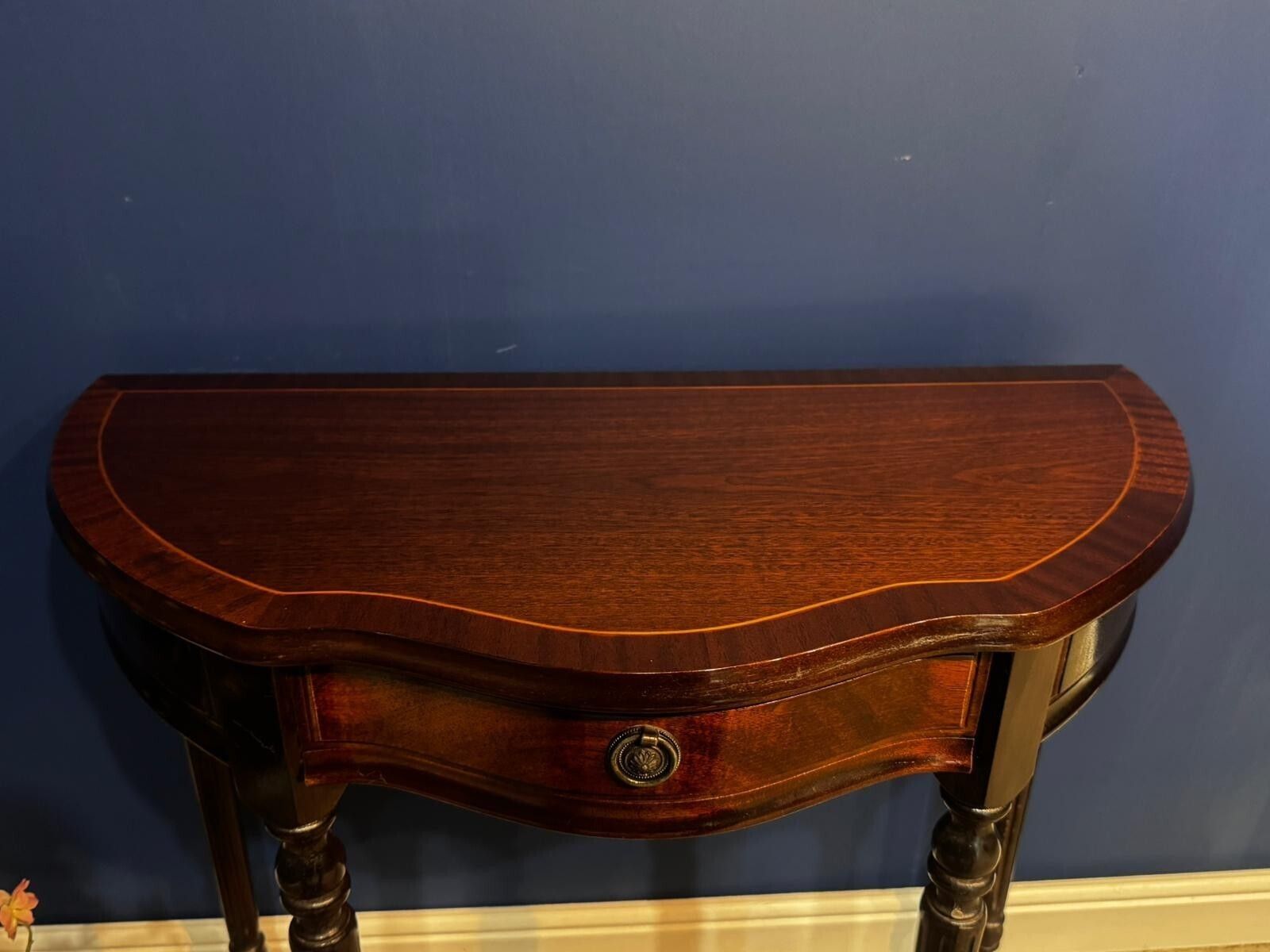 Vintage Burr Mahogany Veneered Demi Lune Console Table Hall Side Plant Stand. photo 125.0