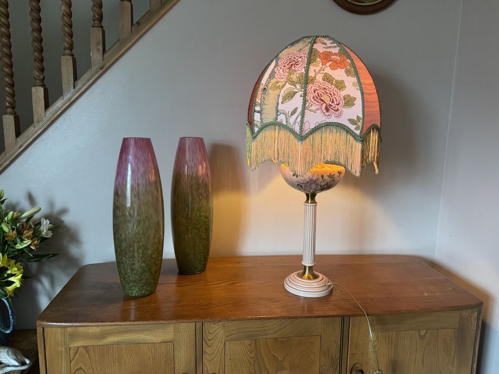 photo furniture A Unique Vintage French Napoleonic Style Sectional Ceramic Table Lamp With Hand Sewn Shade.