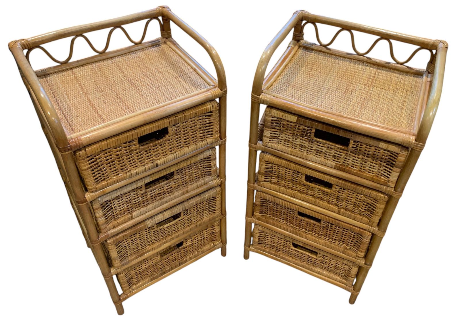 Pair Of Vintage Jungalow Bamboo And Rattan Tallboy Chest Of Four Drawers 1970s photo furniture
