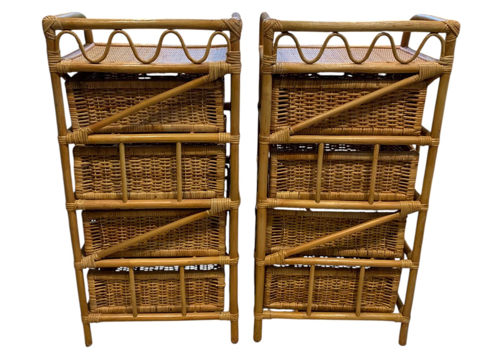 photo vinterior Pair Of Vintage Jungalow Bamboo And Rattan Tallboy Chest Of Four Drawers 1970s