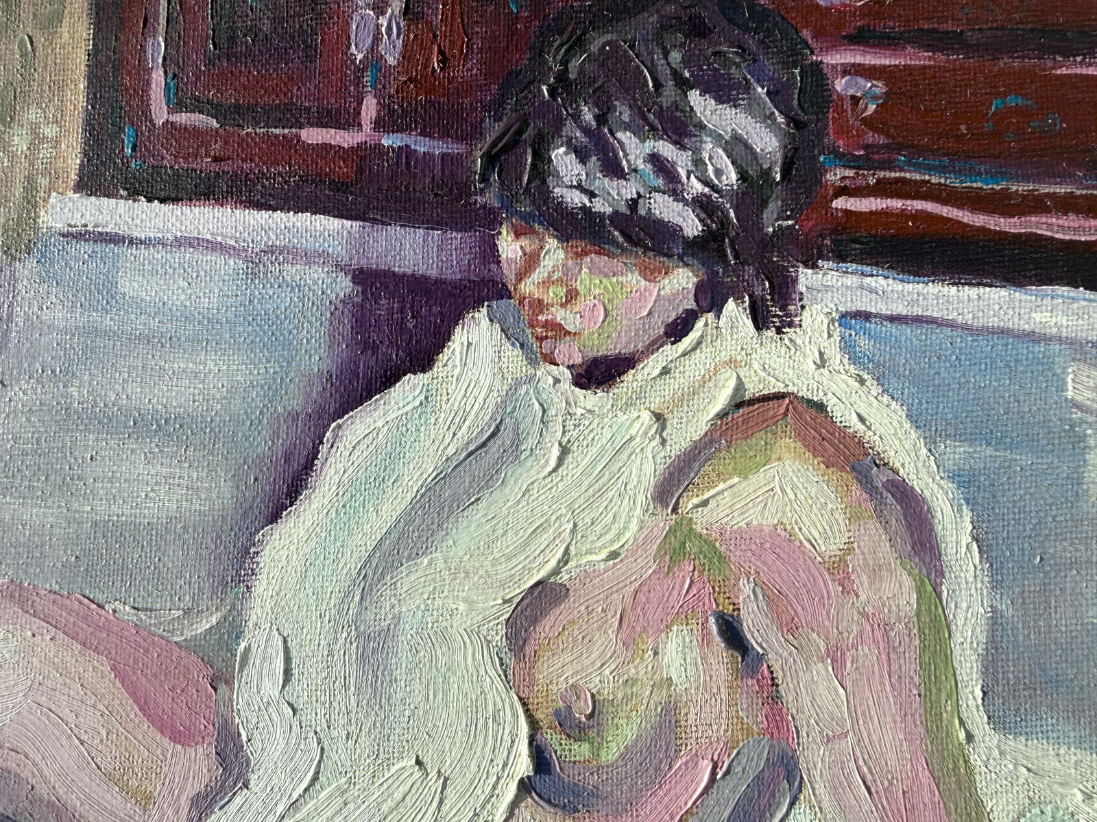 Jordi Arrue Spanish Expressionist Female Nude Interior Figurative Oil Canvas Painting 1980s 1981 photo for sale
