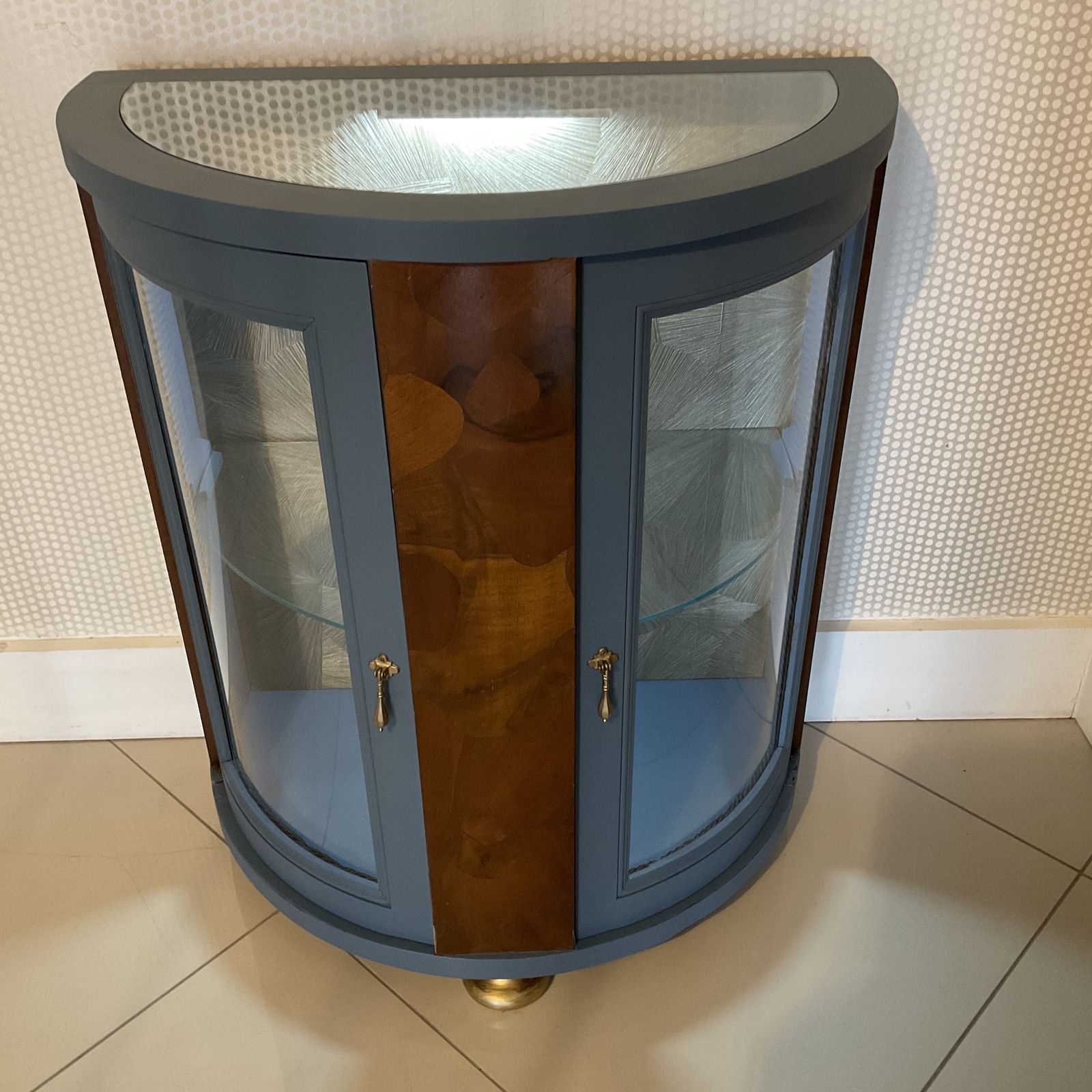 Vintage Drinks Cabinet   Curved Cocktail Bar In Deep Blue With Glass & Wood Detail photo for sale