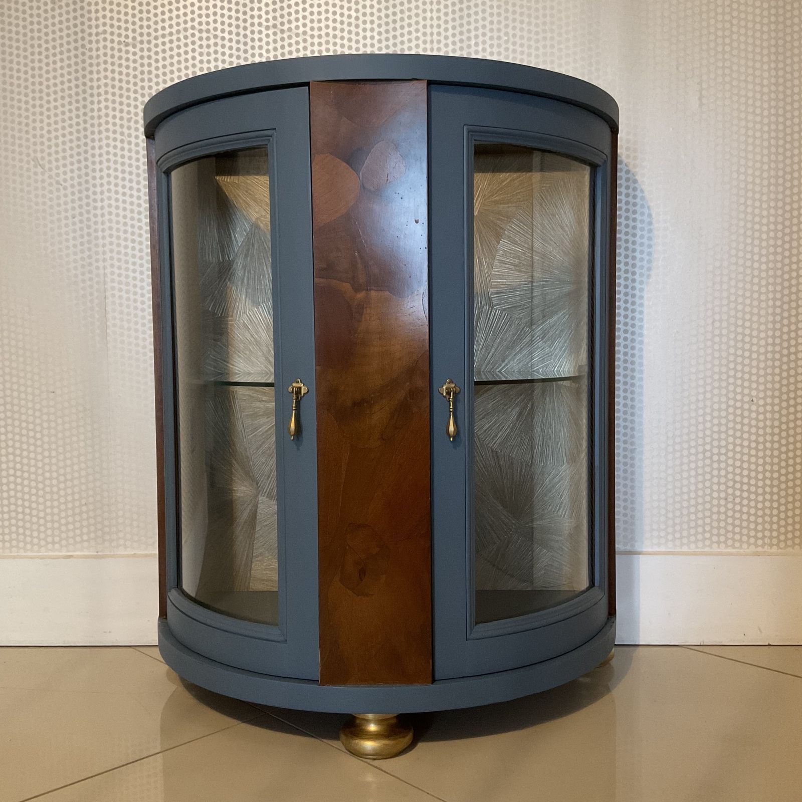 Vintage Drinks Cabinet   Curved Cocktail Bar In Deep Blue With Glass & Wood Detail photo Furniture