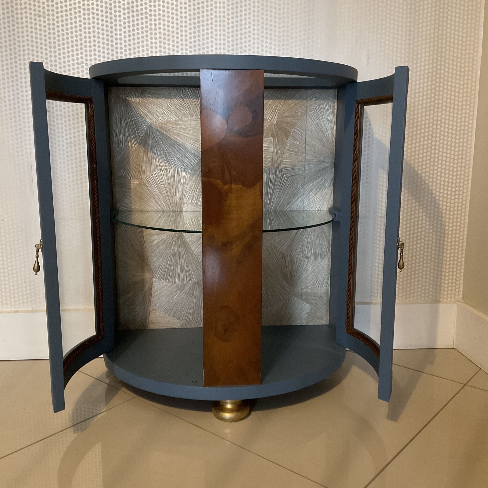 Vintage Drinks Cabinet   Curved Cocktail Bar In Deep Blue With Glass & Wood Detail photo 285.0