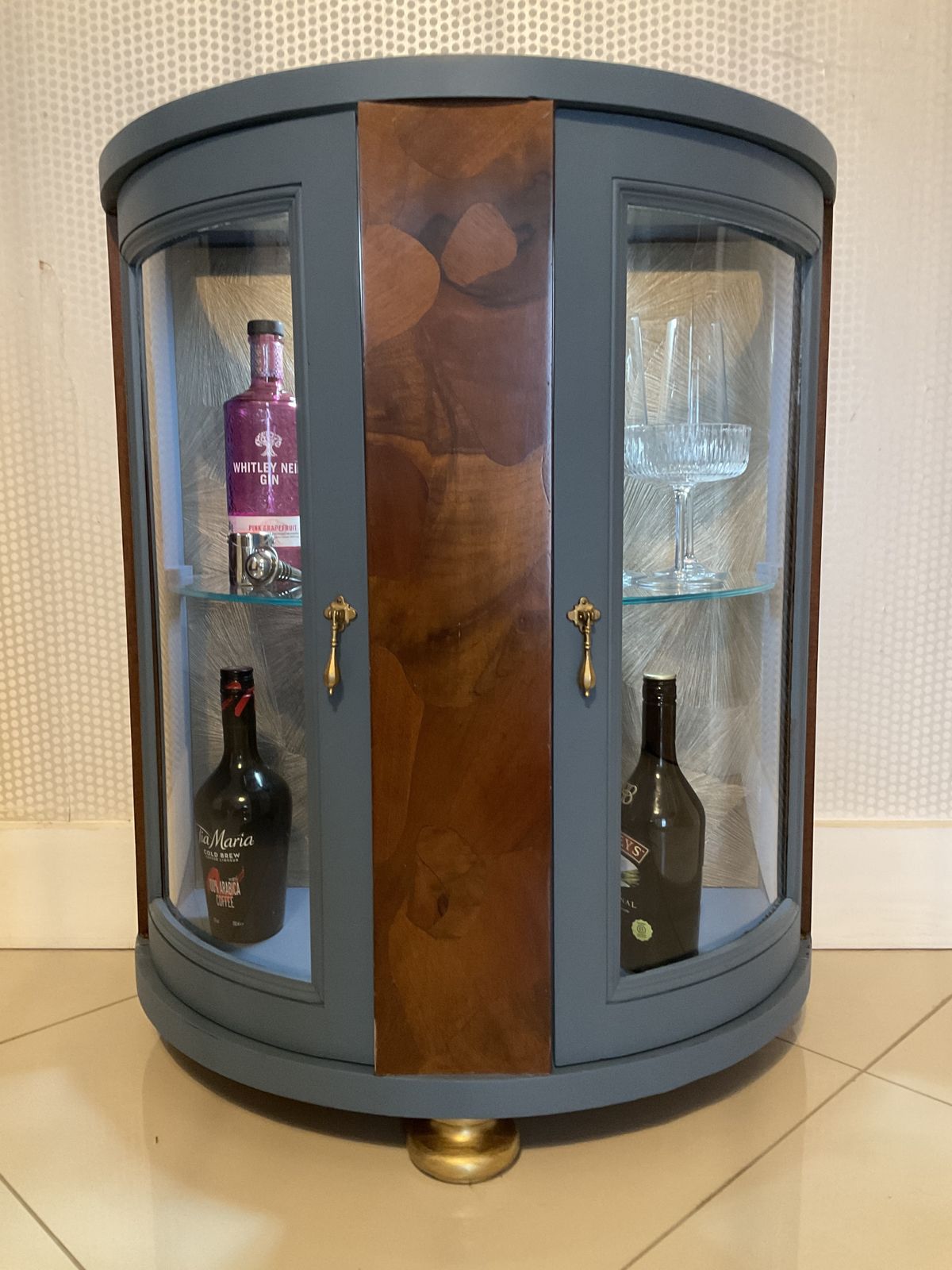 Vintage Drinks Cabinet   Curved Cocktail Bar In Deep Blue With Glass & Wood Detail photo buy