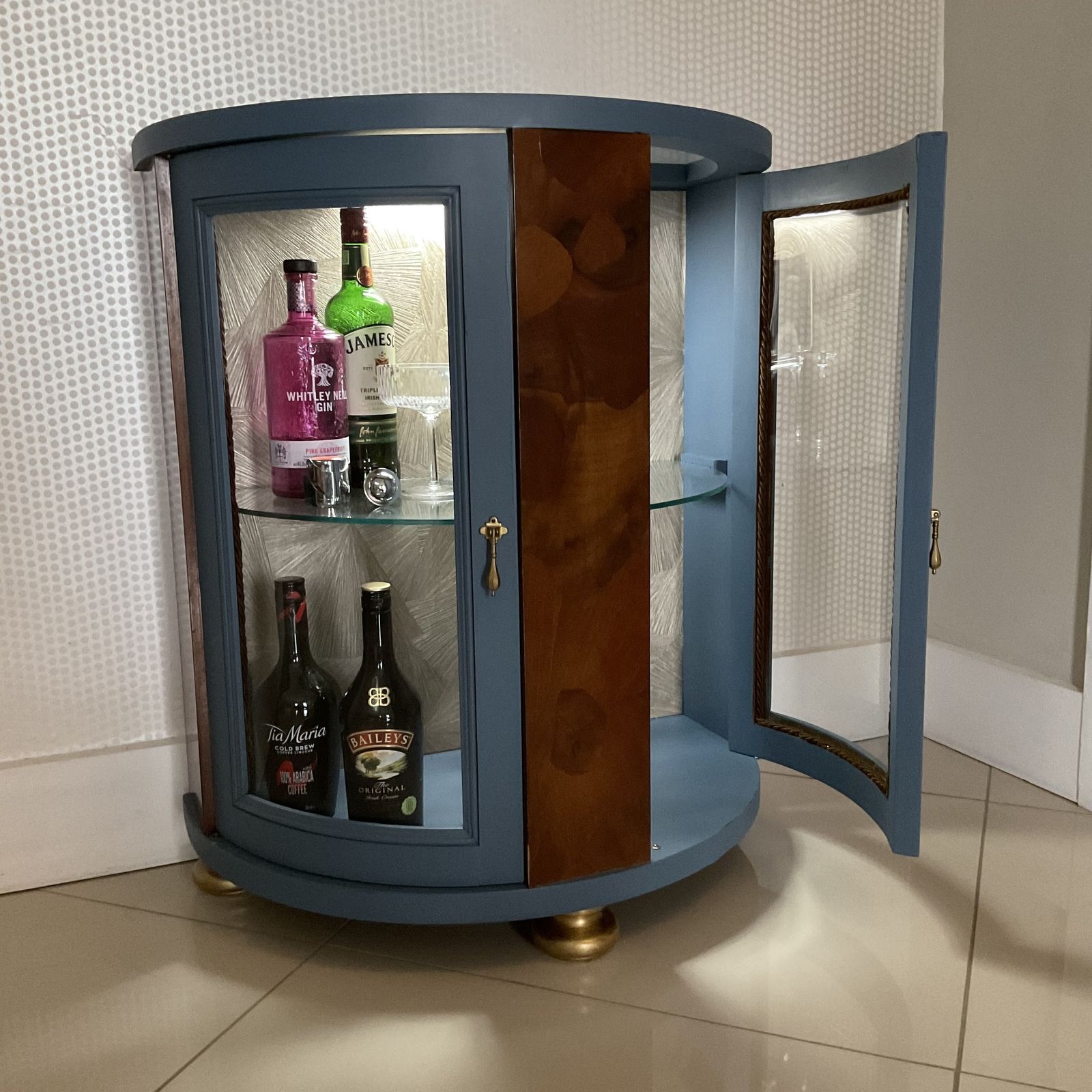 Vintage Drinks Cabinet   Curved Cocktail Bar In Deep Blue With Glass & Wood Detail photo vintage