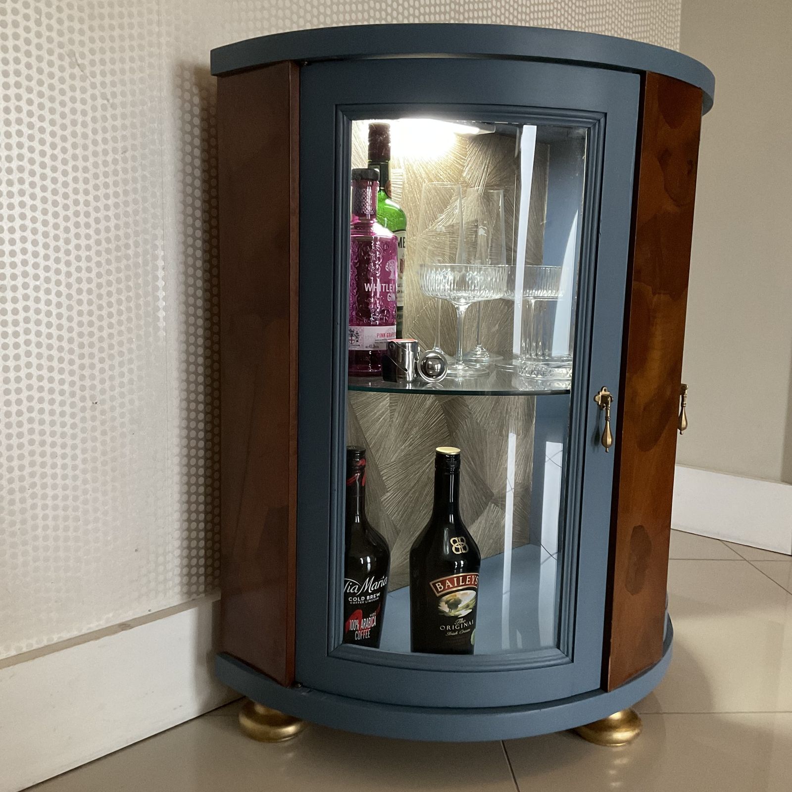 photo for sale Vintage Drinks Cabinet   Curved Cocktail Bar In Deep Blue With Glass & Wood Detail