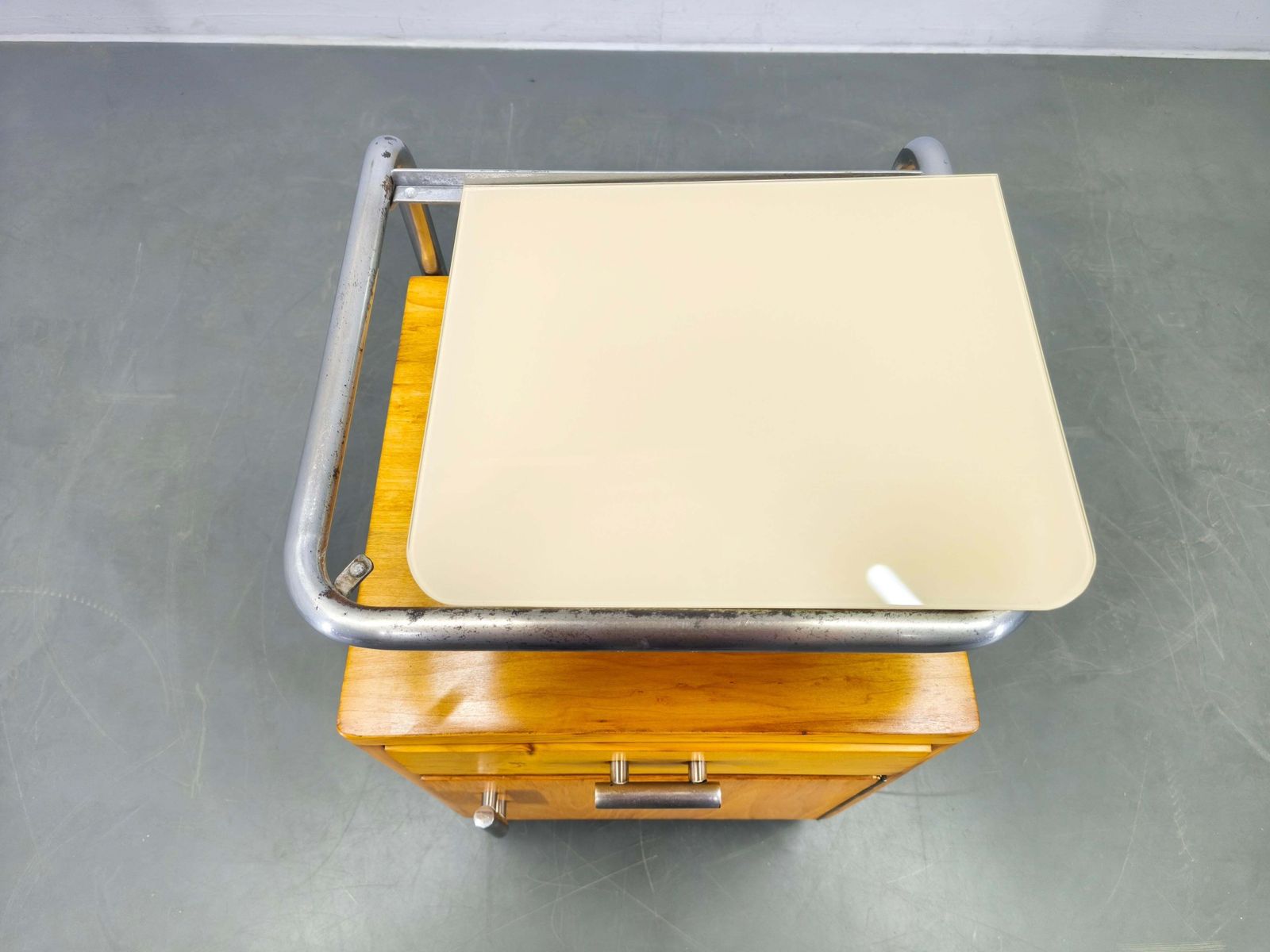 Bauhaus Chrome Tubular Nightstand With Glass Top, 1930s photo vintage