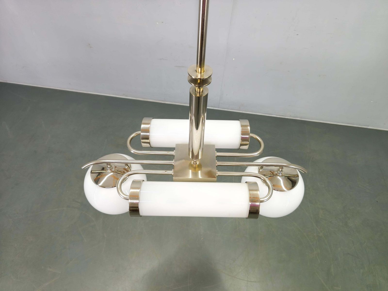 photo furniture Exceptional Bauhaus Chrome Chandelier With Glass Shades, 1930s