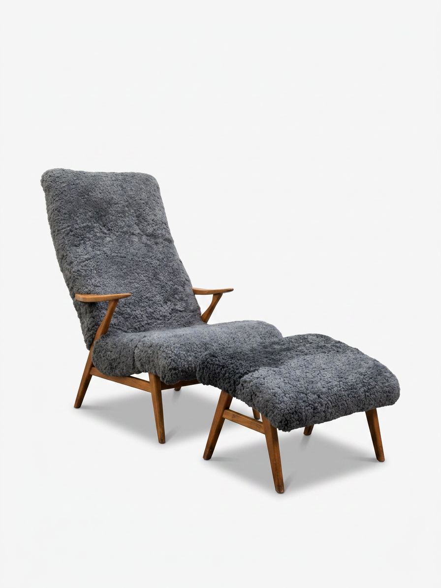 Armchair With Footstool, 1950s–60s, Scandinavian Mid‑Century, Newly Reupholstered In Sheepskin, In The Manner Of Jio Möbler