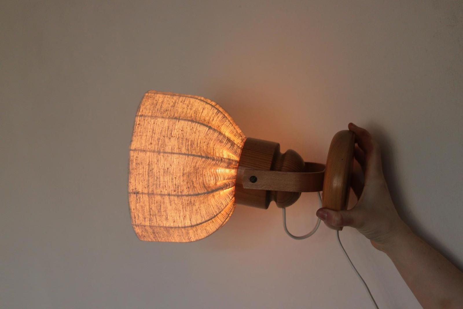 photo vintage Pair Of Vintage Wall Lamps By Solbackens Svarveri, Sweden, 1970s   Pine Wood