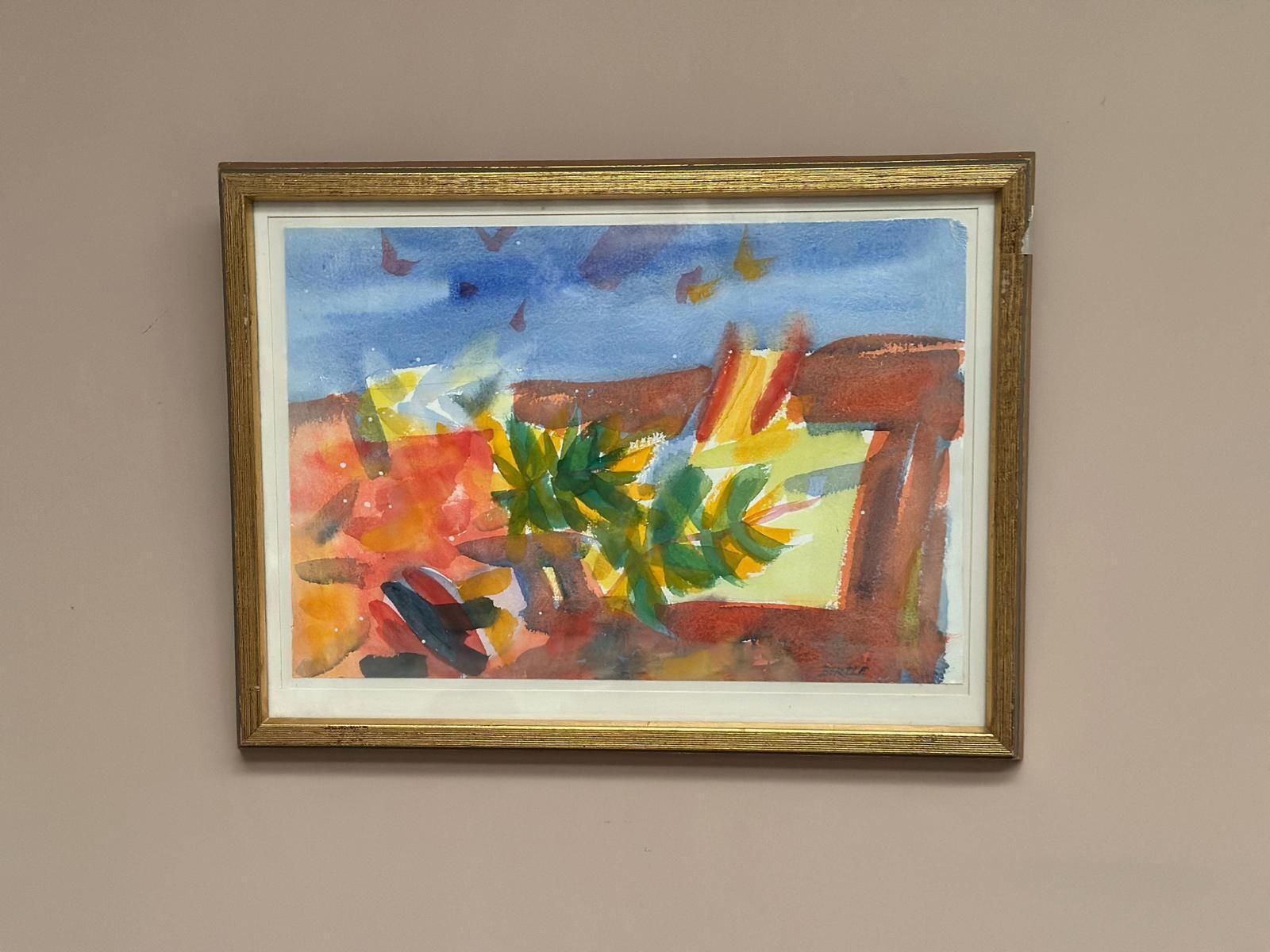 Original Swedish Watercolour On Paper – “Abstract Landscape” By Lars Bertle – Dated 1987 – Vintage & Framed – 44 × 33 Cm (17.3" × 13") photo vintage