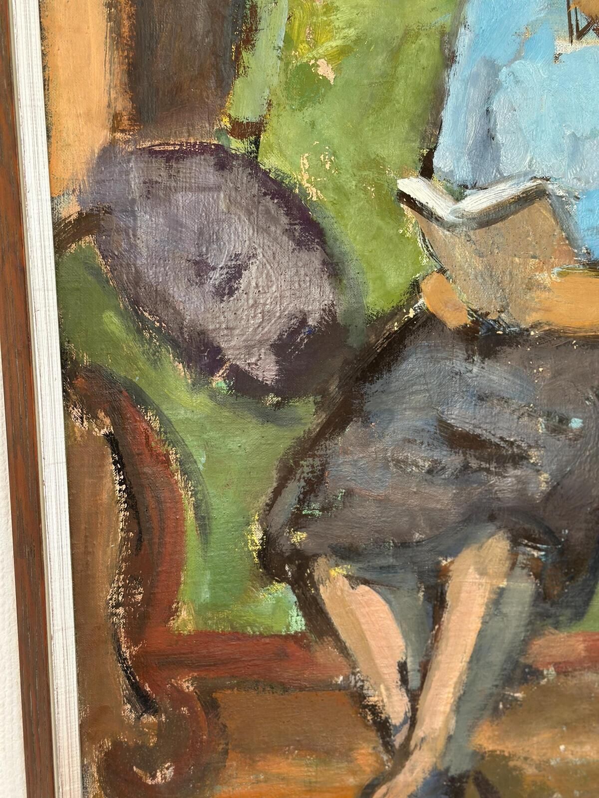 345.0 Original Oil On Canvas – “Woman Reading Book” By Sven Gillgren – Vintage & Framed – 70 × 59.5 Cm (27.6" × 23.4") photo