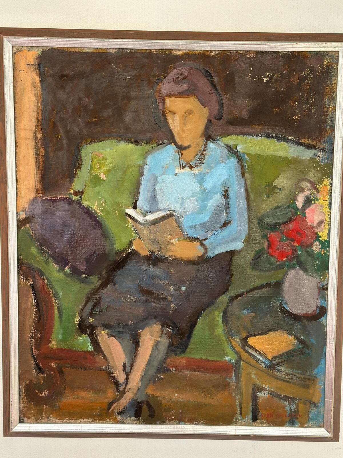 photo buy Original Oil On Canvas – “Woman Reading Book” By Sven Gillgren – Vintage & Framed – 70 × 59.5 Cm (27.6" × 23.4")