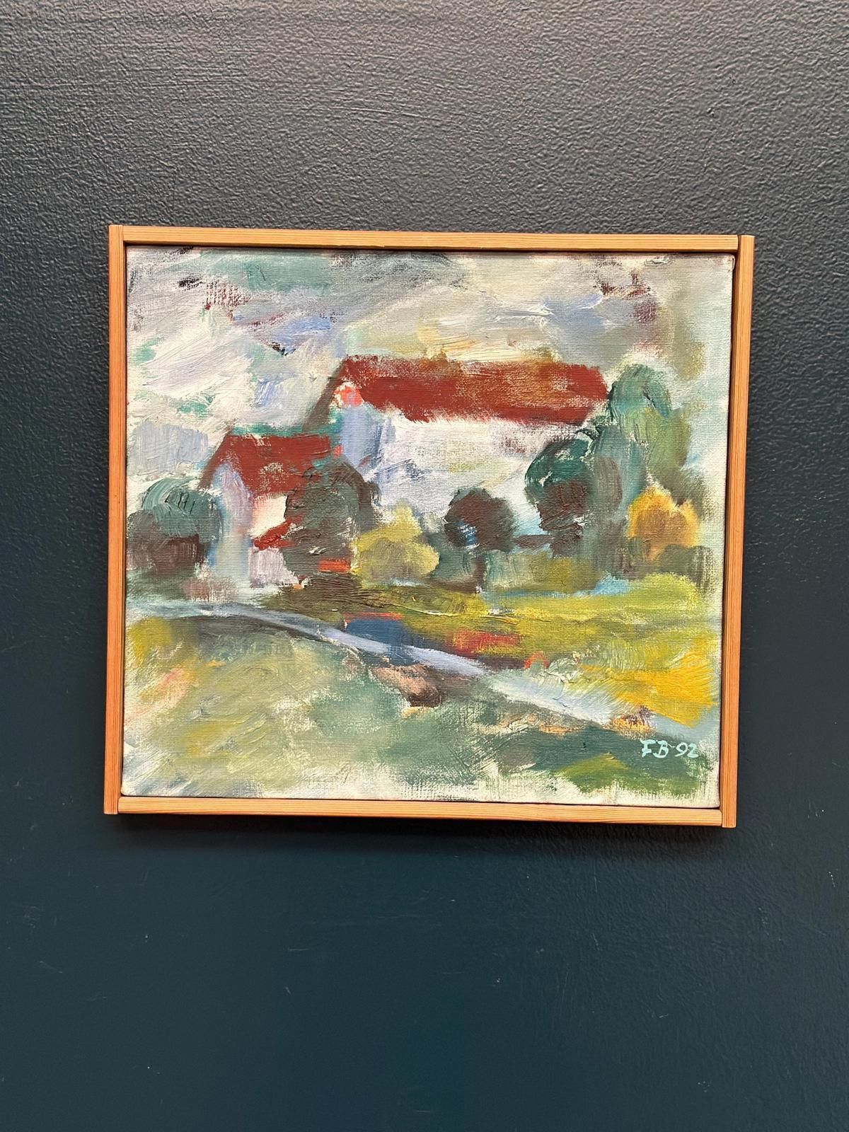 Original Mid Century Swedish Oil On Canvas – “Cottage And Trees” By Folke Björnfot – Vintage & Framed – 34 × 32 Cm (13.4" × 12.6")