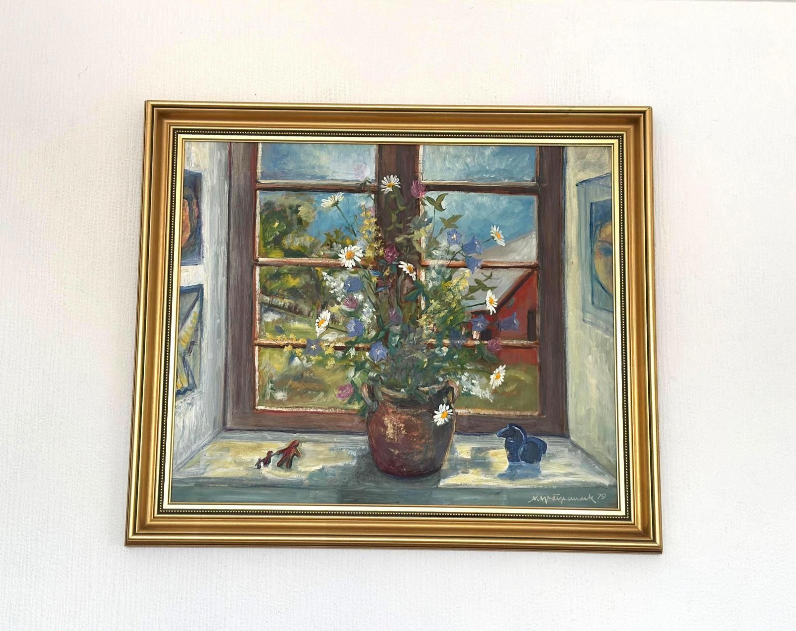Original Mid Century Swedish Oil On Canvas – “Flowers By The Window” By Kaj Järpemark – Vintage & Framed – 64 × 56 Cm (25.2" × 22")