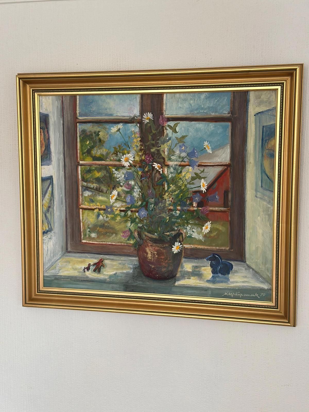 Original Mid Century Swedish Oil On Canvas – “Flowers By The Window” By Kaj Järpemark – Vintage & Framed – 64 × 56 Cm (25.2" × 22") photo for sale