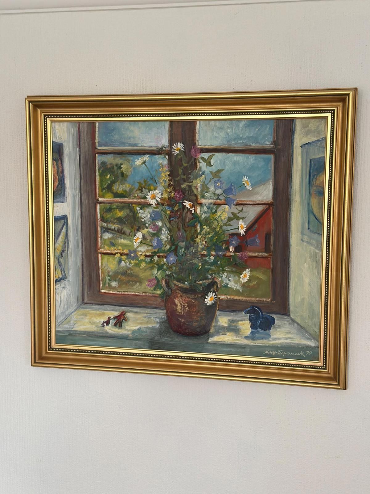 Original Mid Century Swedish Oil On Canvas – “Flowers By The Window” By Kaj Järpemark – Vintage & Framed – 64 × 56 Cm (25.2" × 22") photo Art