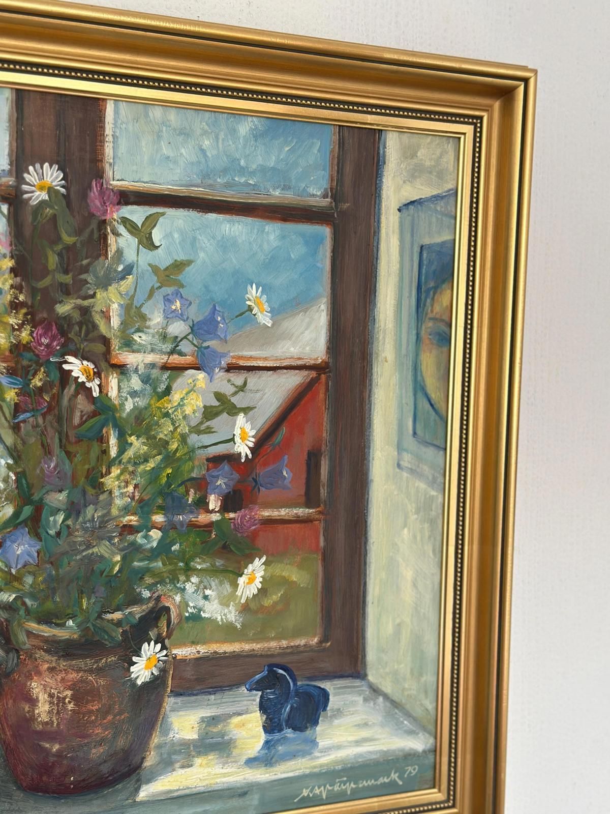 photo furniture Original Mid Century Swedish Oil On Canvas – “Flowers By The Window” By Kaj Järpemark – Vintage & Framed – 64 × 56 Cm (25.2" × 22")