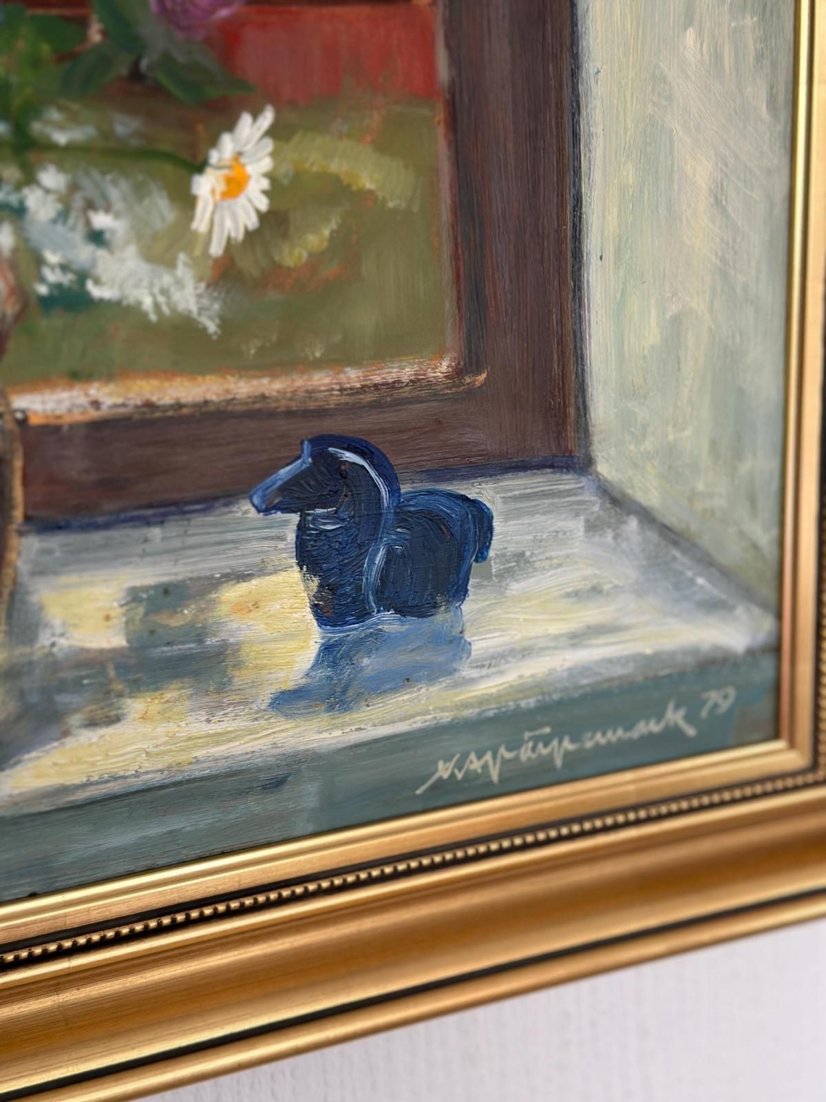 photo for sale Original Mid Century Swedish Oil On Canvas – “Flowers By The Window” By Kaj Järpemark – Vintage & Framed – 64 × 56 Cm (25.2" × 22")
