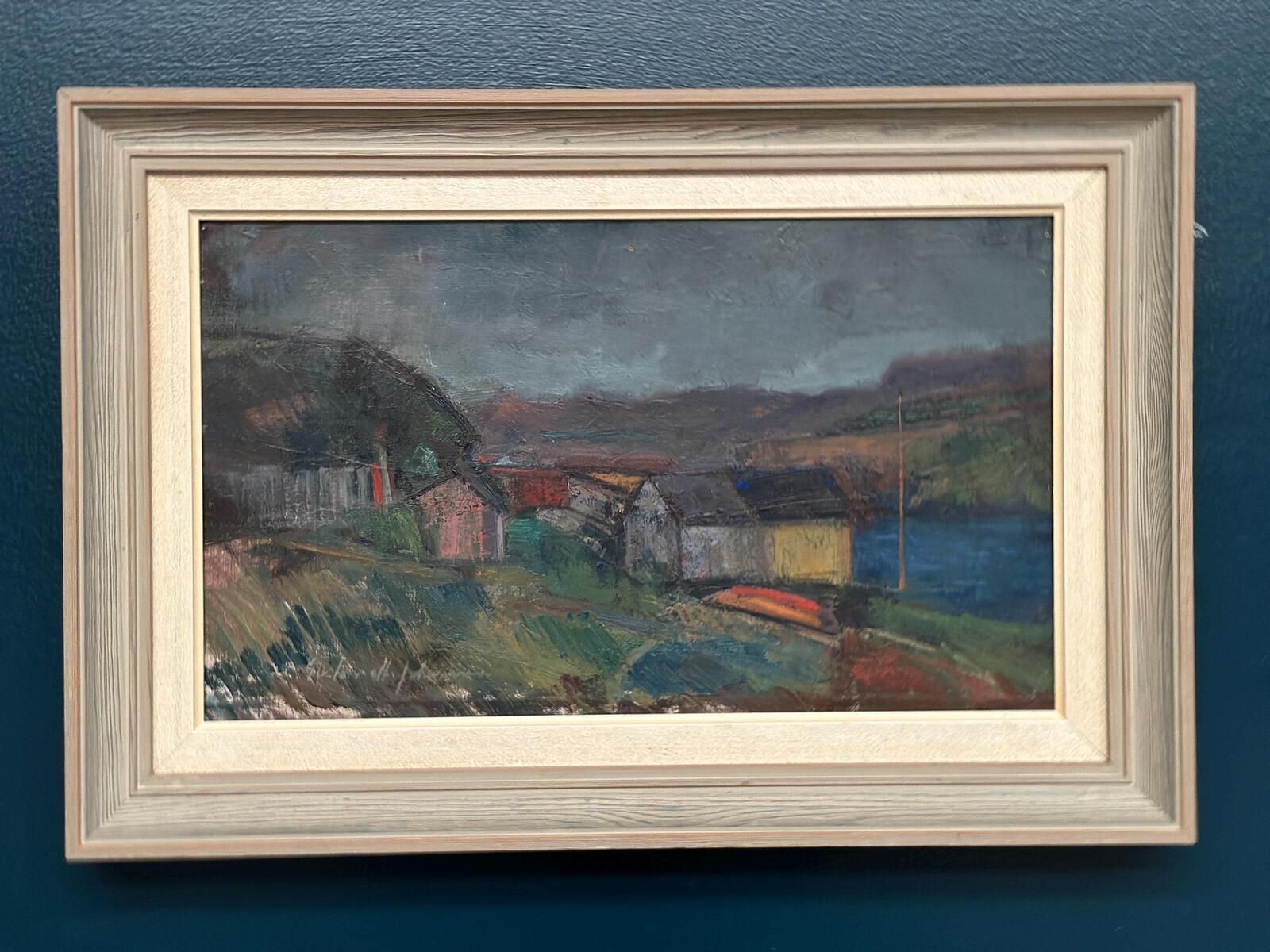 Original Mid Century Swedish Oil On Canvas – “Village” By Gustav Adolf Johansson – Vintage & Framed – Approx. 35.5 × 52.5 Cm (14" × 20.7") photo 275.0