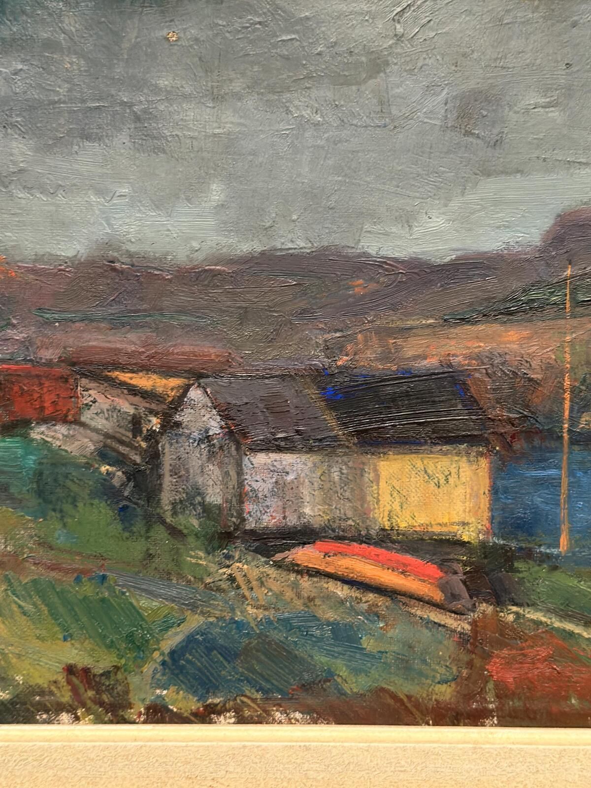 photo for sale Original Mid Century Swedish Oil On Canvas – “Village” By Gustav Adolf Johansson – Vintage & Framed – Approx. 35.5 × 52.5 Cm (14" × 20.7")