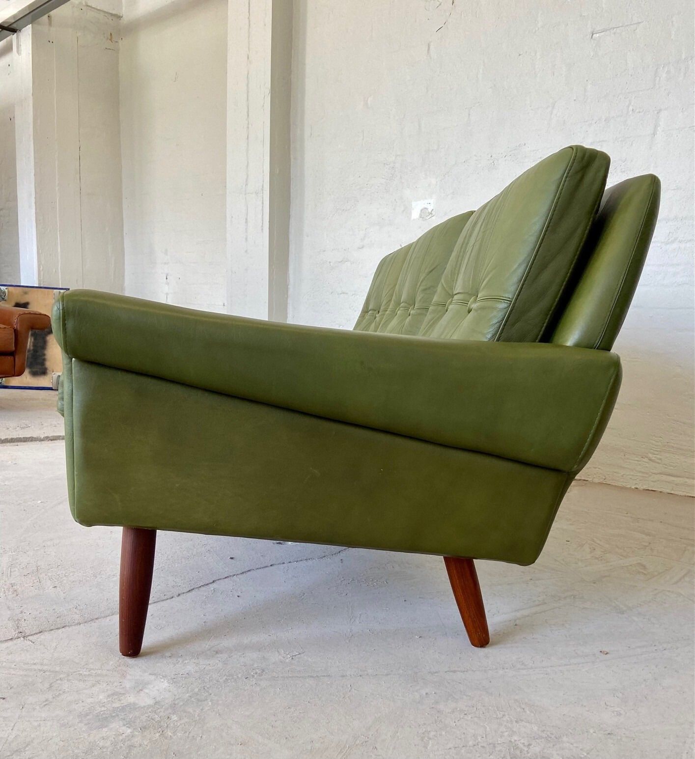 photo for sale Vintage Danish  Retro Svend Skipper  3 Person Sofa In Olive Green  Leather