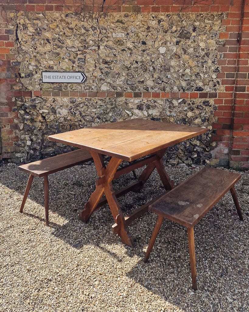 Rustic German Oak Trestle Table & Bench Set