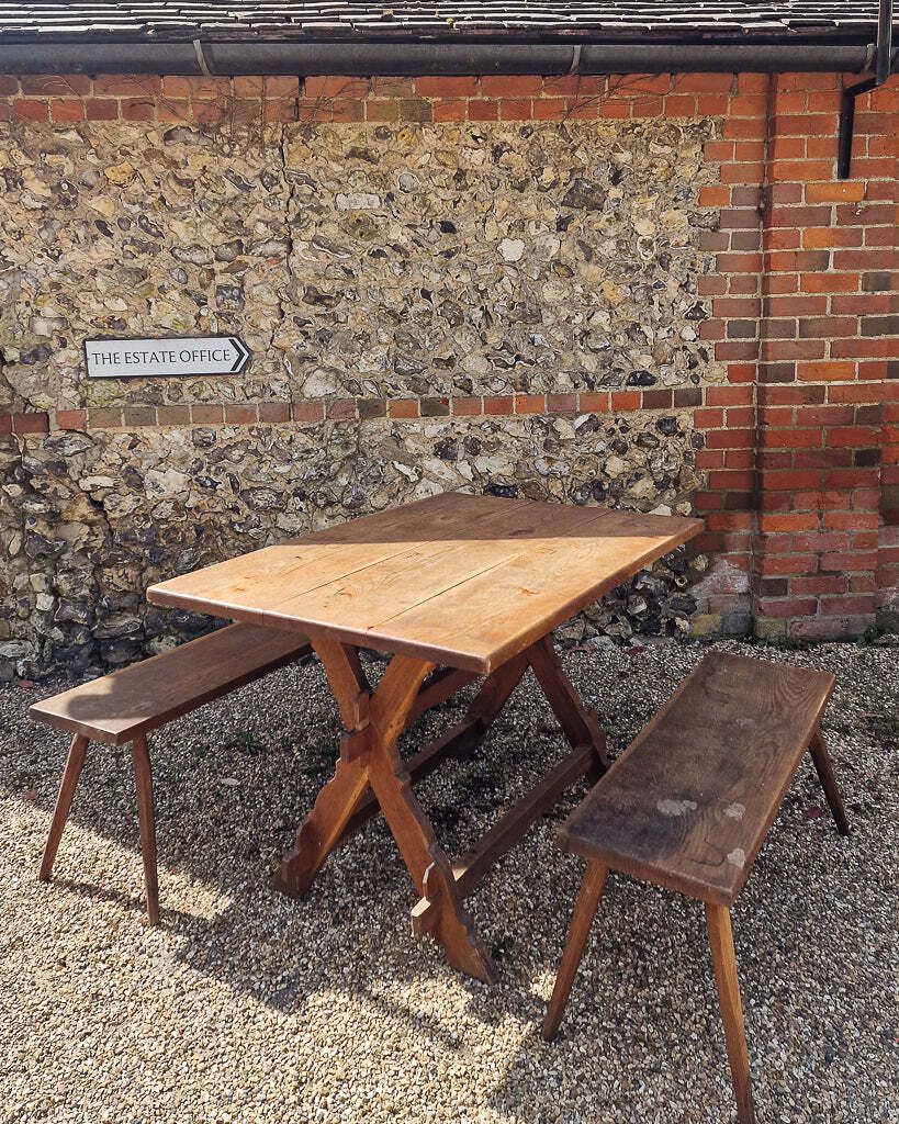 Rustic German Oak Trestle Table & Bench Set photo Furniture