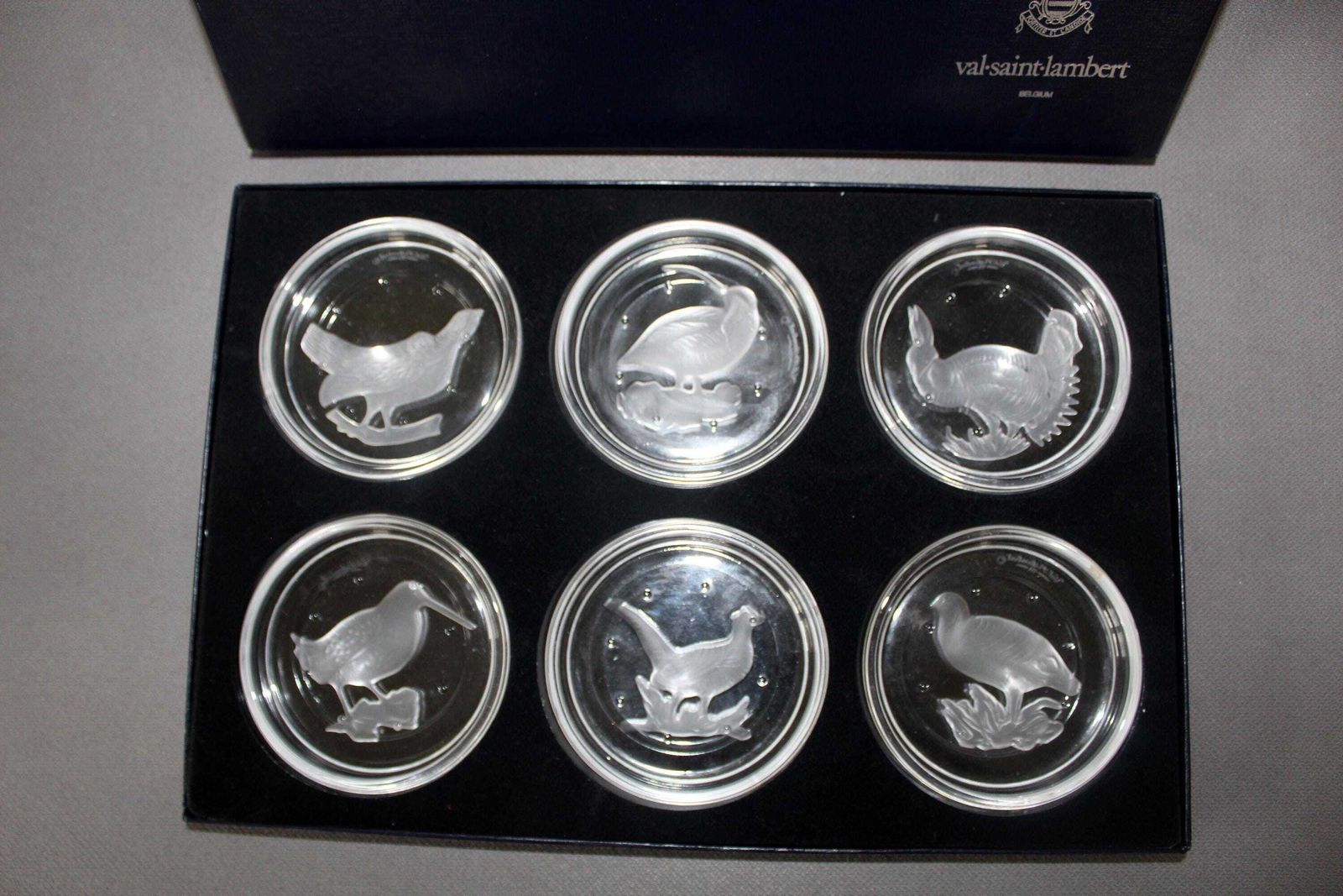 Set Of 6 Vintage Val Saint Lambert Crystal Glass Coaster, Original Box, Signed, Bird Game, Wild Birds, Pheasant, Belgium, Intaglio Design photo furniture