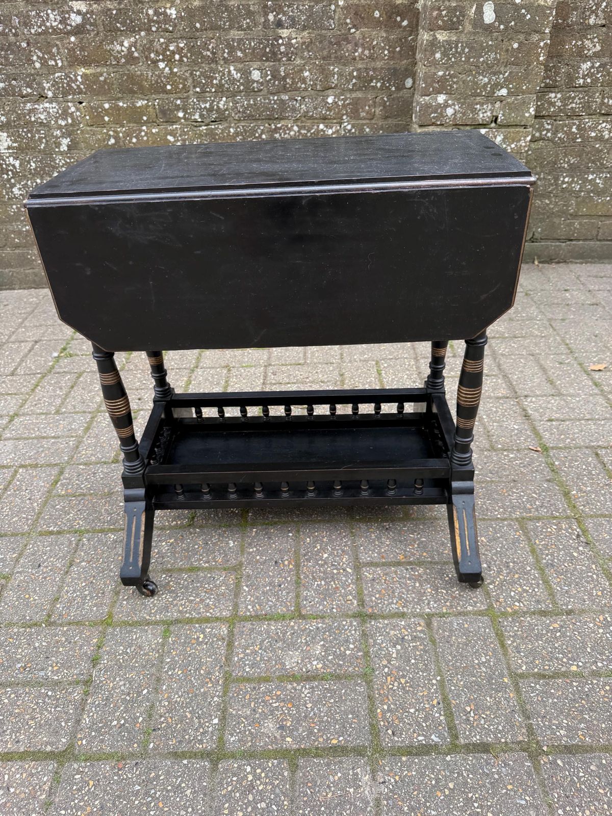 Vintage Chinoiserie Oriental Style Drop Leaf Table, Early 20th Century Ebonised Folding Side Table, Victorian Style On Castors photo Furniture