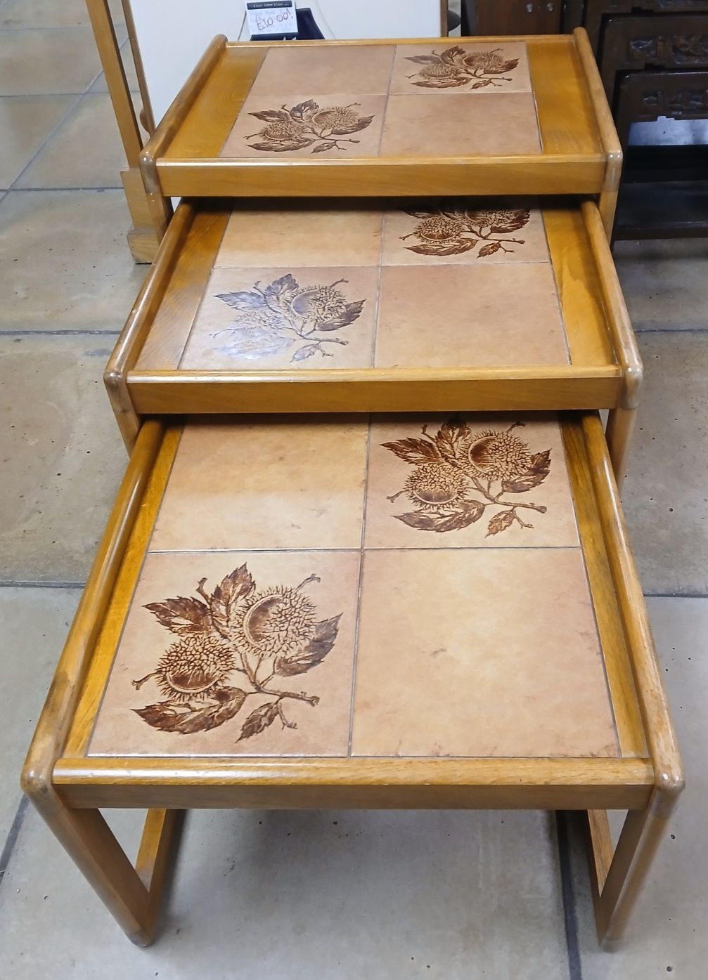 Mid Century Nest Of 3 Danish Teak With Ceramic Tiles Tables