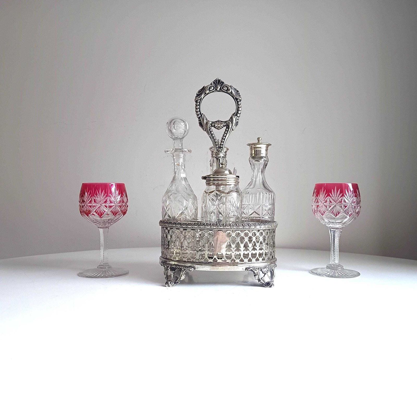 Antique English Silver Plate Cruet Stand & 4 Cut Glass Condiment Bottles, Belle Epoque photo furniture