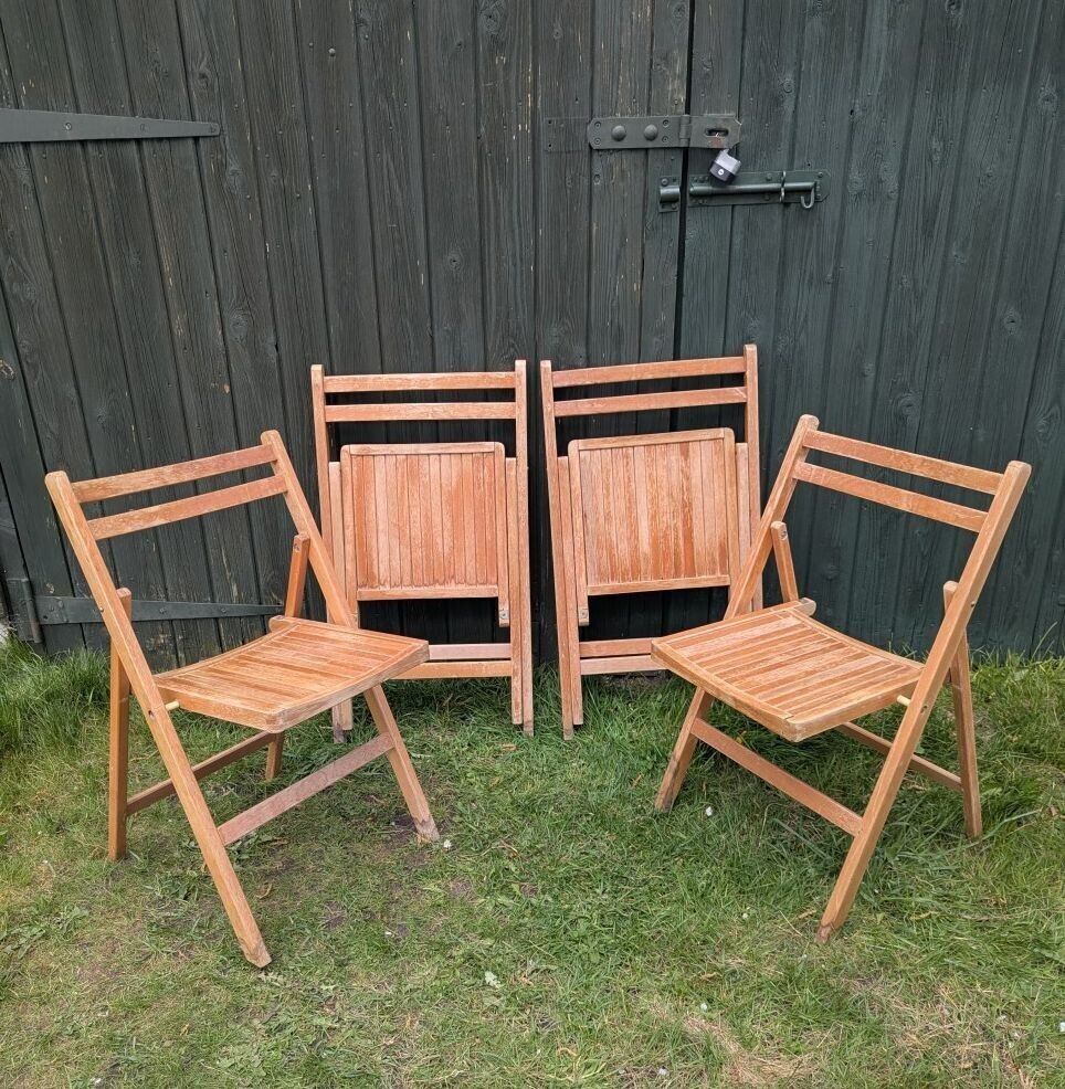 4 Vintage Mod Beech Folding Garden Chairs photo for sale