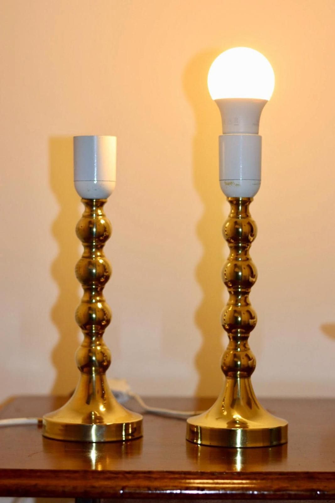 Pair Of Mid Century Swedish Brass Lamps With French Scallop Shades photo for sale