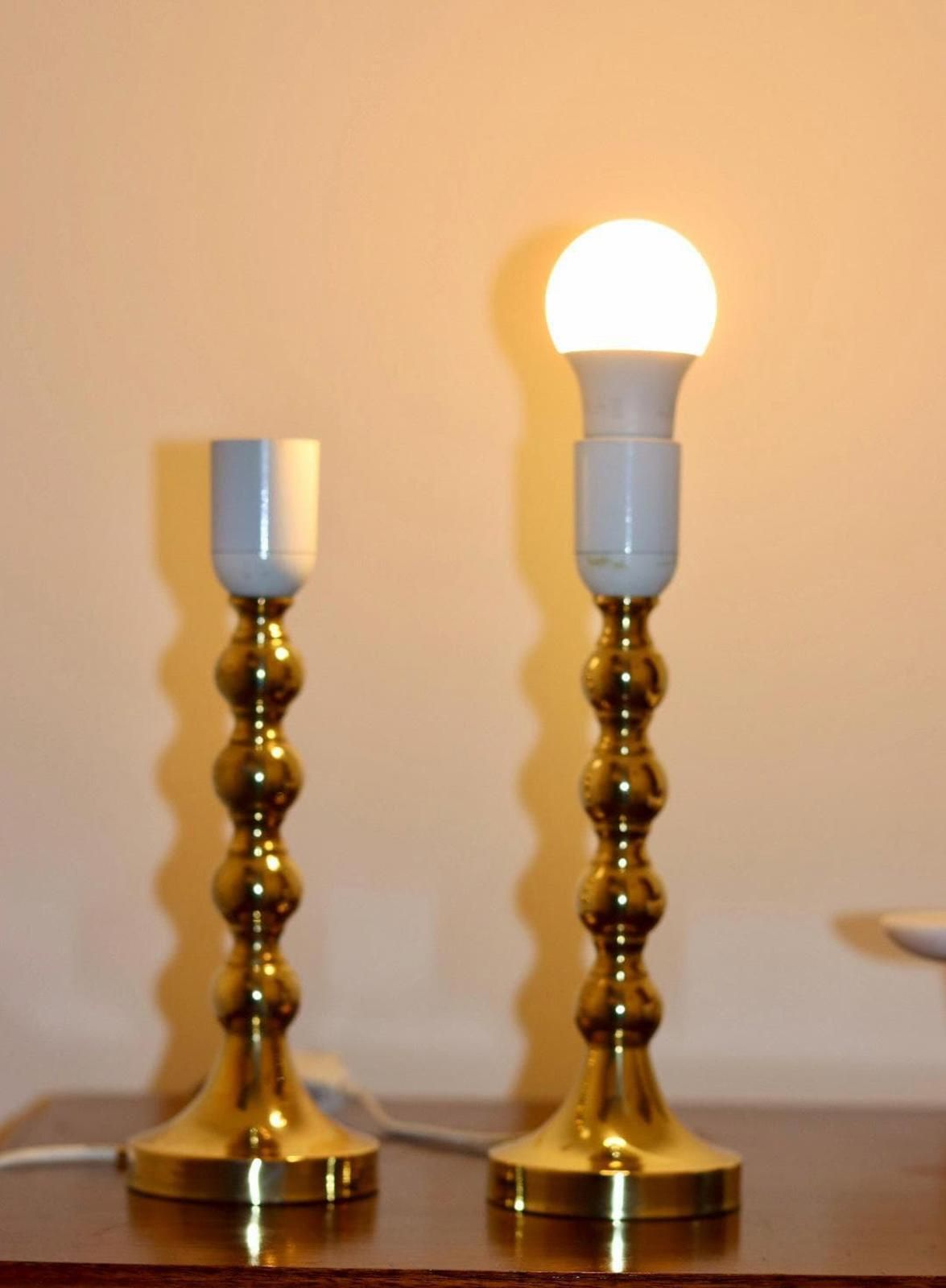 Pair Of Mid Century Swedish Brass Lamps With French Scallop Shades photo Lighting