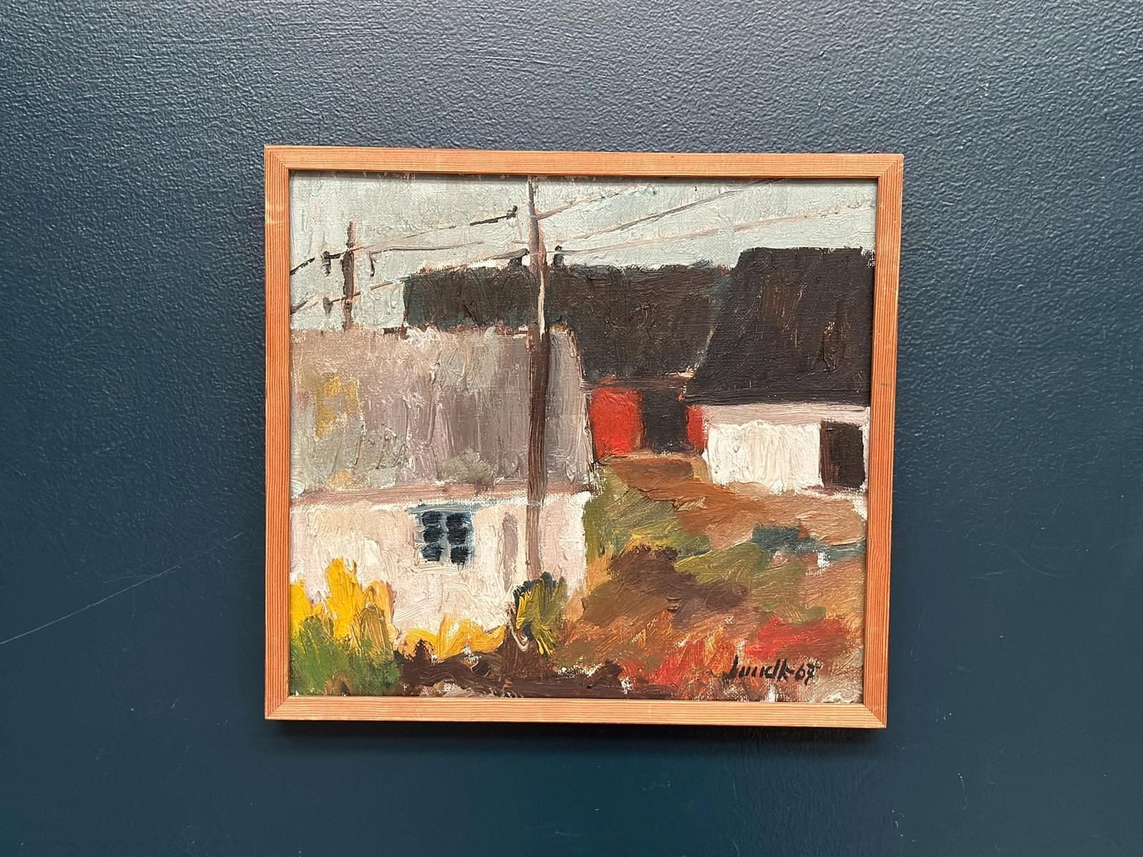Original Mid Century Swedish Oil On Canvas – “Among The Houses” By Karl Bertil Lundh –1967 – Vintage & Framed – 32 × 35 Cm (12.6" × 13.8")