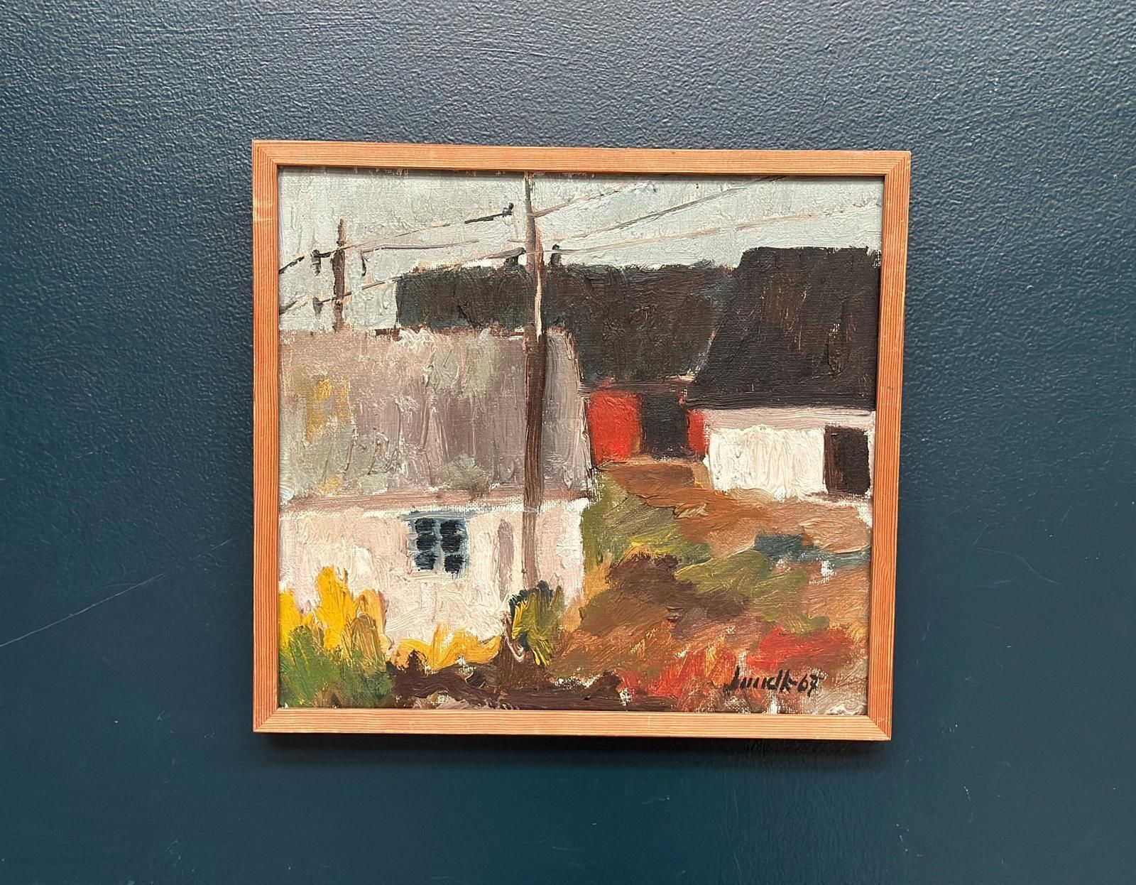 Original Mid Century Swedish Oil On Canvas – “Among The Houses” By Karl Bertil Lundh –1967 – Vintage & Framed – 32 × 35 Cm (12.6" × 13.8") photo for sale