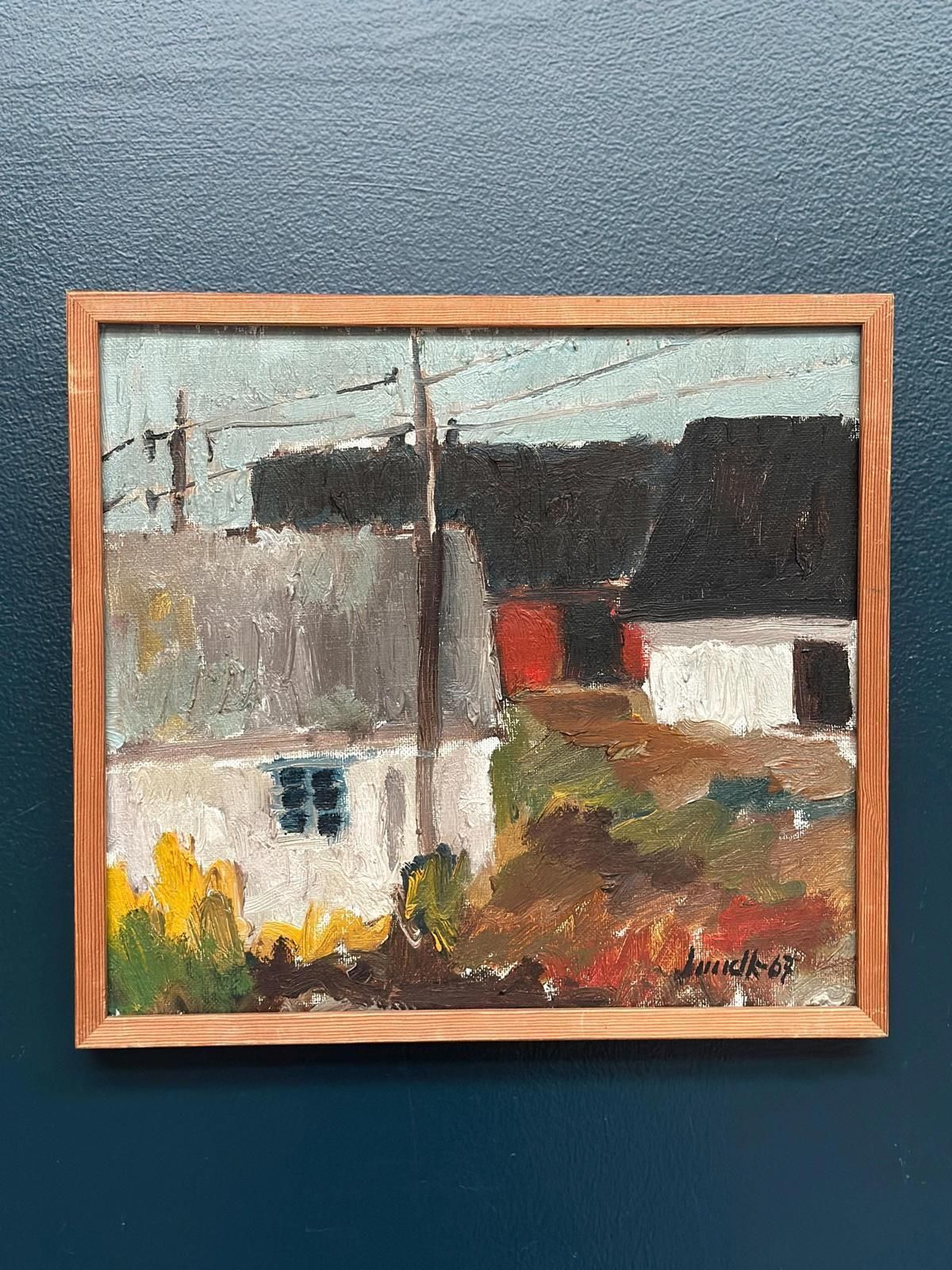 Art Original Mid Century Swedish Oil On Canvas – “Among The Houses” By Karl Bertil Lundh –1967 – Vintage & Framed – 32 × 35 Cm (12.6" × 13.8") photo