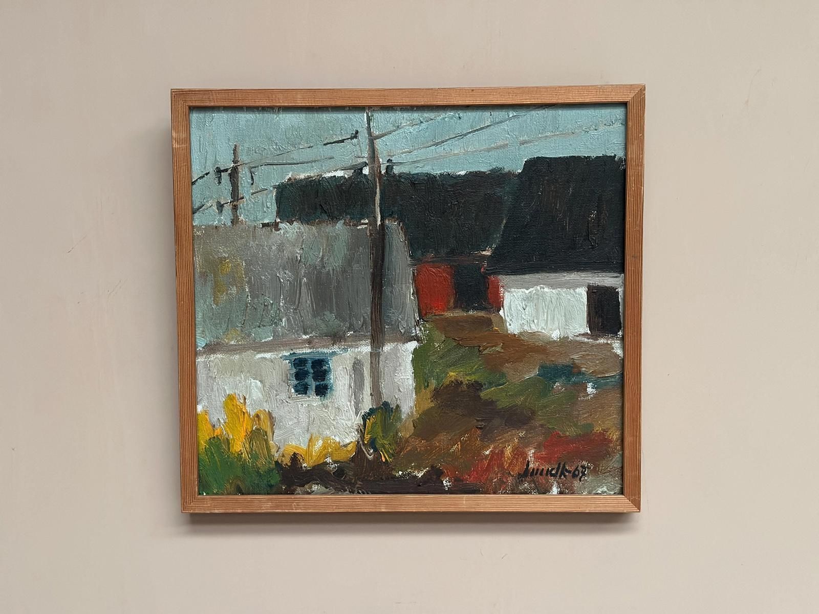 345.0 Original Mid Century Swedish Oil On Canvas – “Among The Houses” By Karl Bertil Lundh –1967 – Vintage & Framed – 32 × 35 Cm (12.6" × 13.8") photo