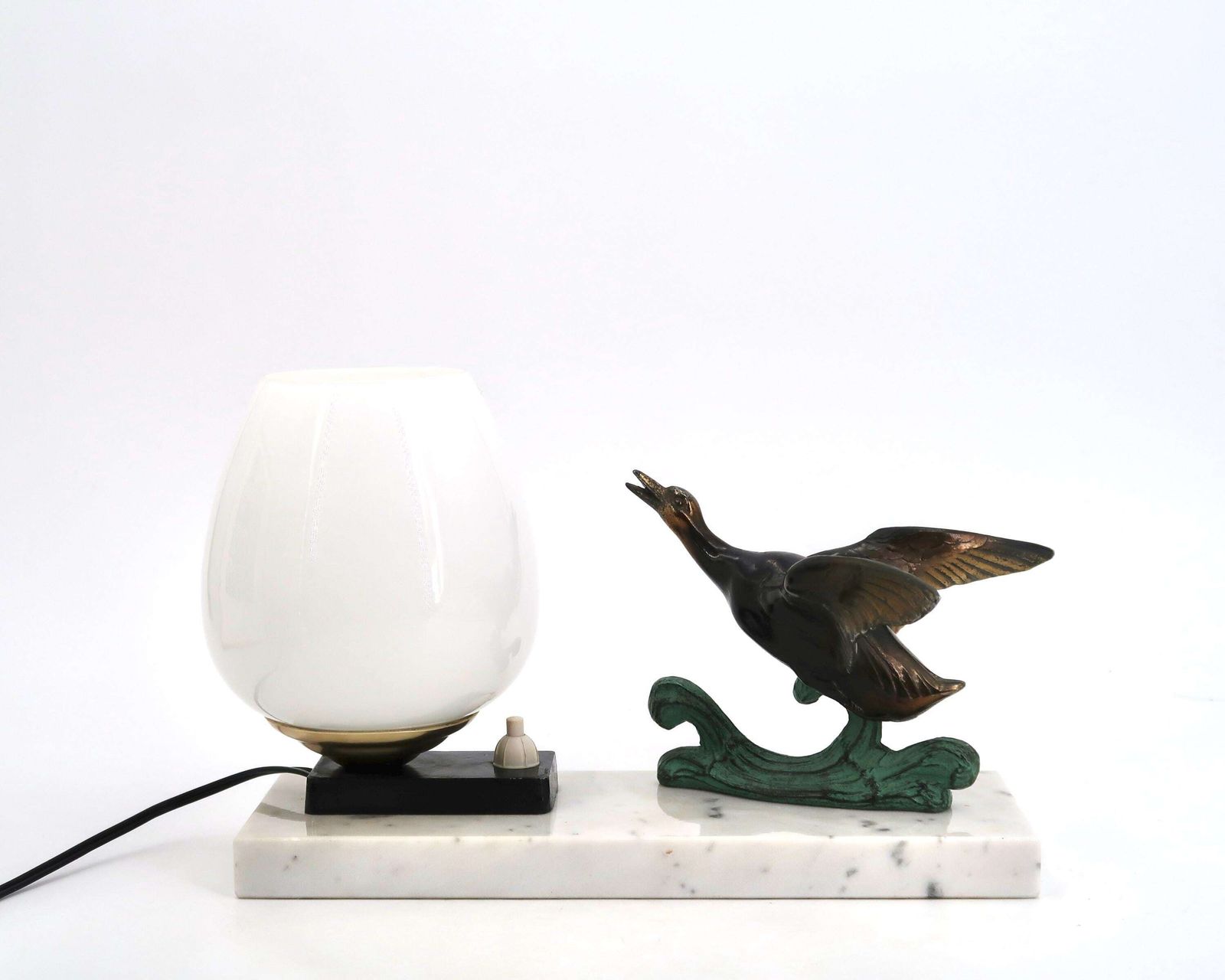 French Art Deco Table Lamp With Duck Statue, Marble Base, 1930s / France, Vintage, Home Decor, Sculpture, Lighting, Art, Bird, Animal