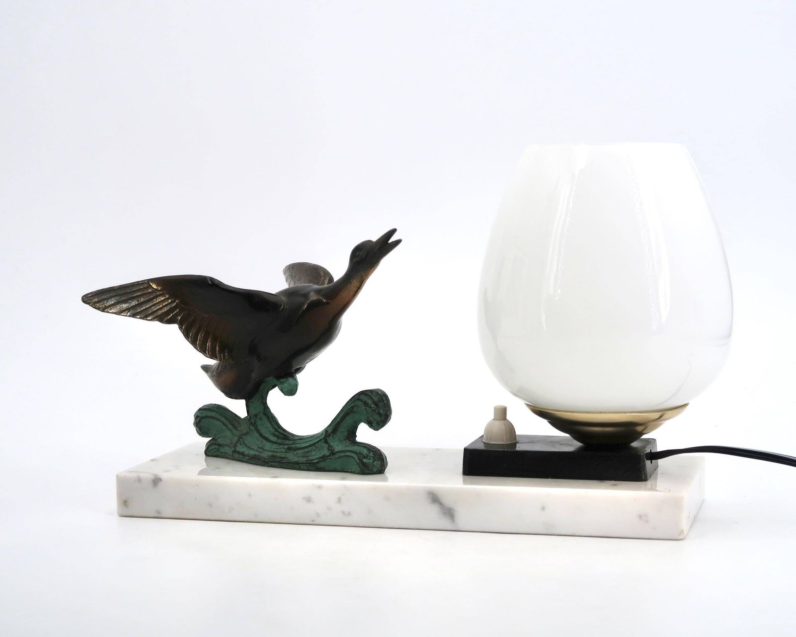 French Art Deco Table Lamp With Duck Statue, Marble Base, 1930s / France, Vintage, Home Decor, Sculpture, Lighting, Art, Bird, Animal photo 208.0