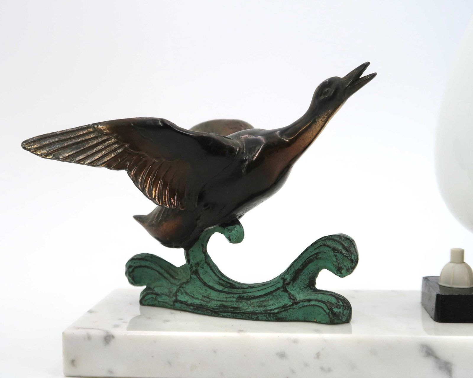 French Art Deco Table Lamp With Duck Statue, Marble Base, 1930s / France, Vintage, Home Decor, Sculpture, Lighting, Art, Bird, Animal photo vinterior