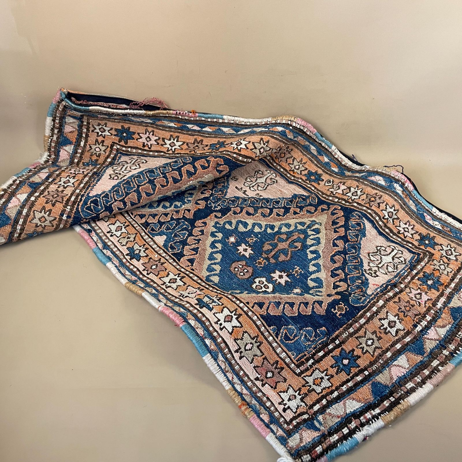 Blue Pink Cushion Cover Large Kilim Style Pillow Geometric Handwoven Rug Textile Middle Eastern Pillow Cover Sofa Decor Accent Pillow